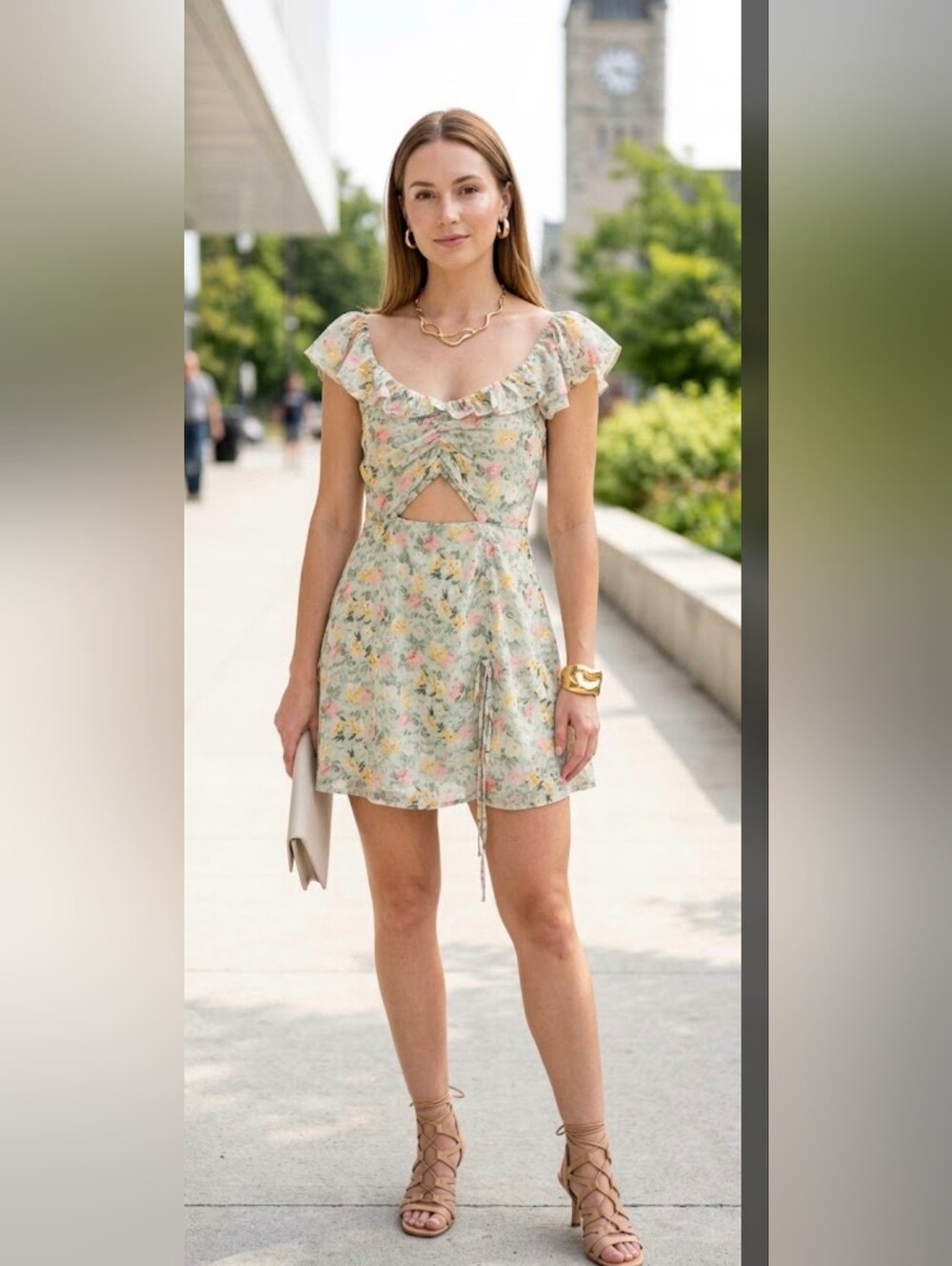Beautiful Floral Ruffle Cutout Dress in Pastel Shades Of Green Pink And Yellow